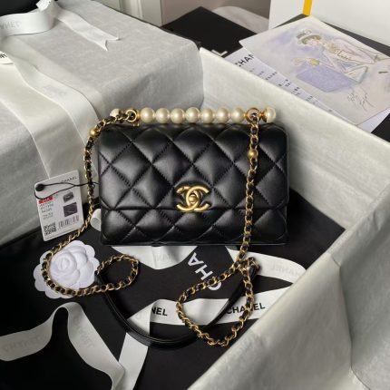 Chanel AS5001 Mini Flap Bag Top Handle Shiny Lambskin Imitation Pearl & Gold Metal Black