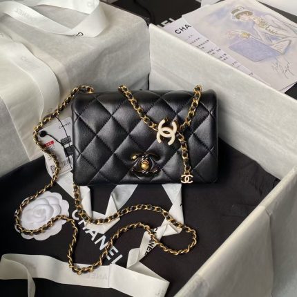 Chanel AS4973 Mini Flap Bag Shiny Lambskin Enamel & Gold Metal Black