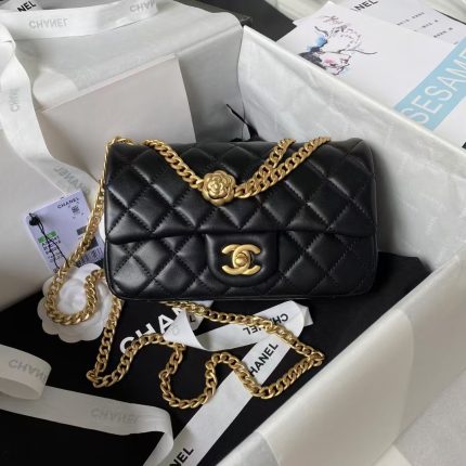 Chanel 23S AS4041 Mini Camellia Embossed Rectangular Flap Bag Antique Gold Hardware Black