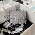 Chanel 23C AS1786 Mini Square Pearl Embossed Flap Bag Antique Silver Hardware Grey