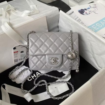 Chanel 23C AS1786 Mini Square Pearl Embossed Flap Bag Antique Silver Hardware Grey
