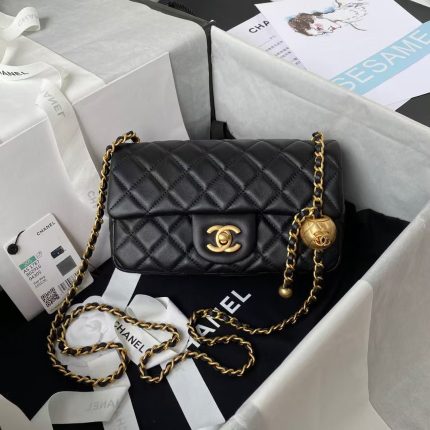 Chanel 23K AS1787 Mini Pearl Embossed Rectangular Flap Bag Lambskin Brushed Metal Hardware Black