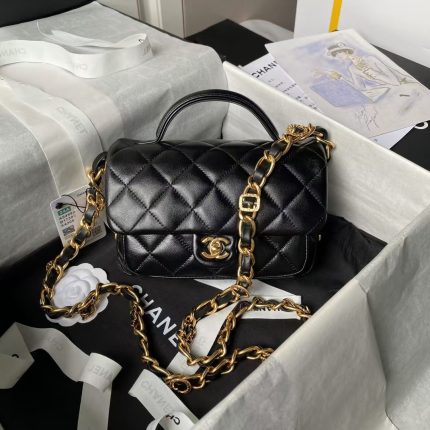 Chanel 24A AS4992 Mini Shiny Lambskin Flap Bag With Top Handle Black