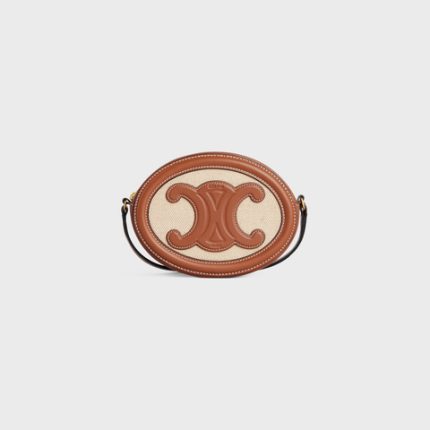 CROSSBODY OVAL PURSE CUIR TRIOMPHE IN TEXTILE AND CALFSKIN NATURAL / TAN
