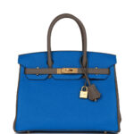 Hermes Special Order (HSS) Birkin 30 Bleu Electric and Etain Clemence Brushed Gold Hardware