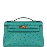 Hermes Kelly Pochette Vert Verone Ostrich Gold Hardware