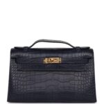 Hermes Kelly Pochette Bleu Indigo Matte Alligator Gold Hardware