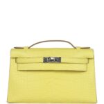 Hermes Kelly Pochette Lime Matte Alligator Palladium Hardware