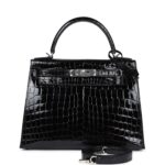 Hermes Kelly Sellier 28 Black Shiny Niloticus Crocodile Palladium Hardware