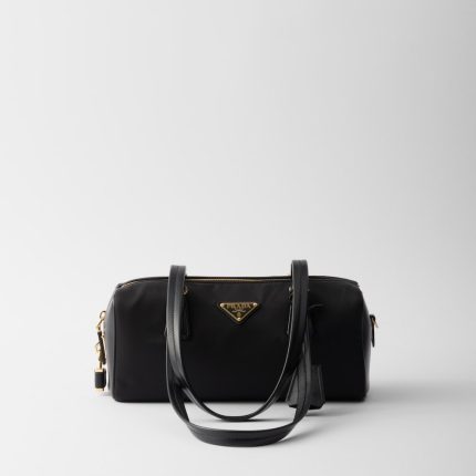 Re-Nylon and Leather Medium Top-Handle Bag With Padlock